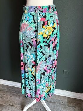 Vintage Condor Tropical Floral Maxi Skirt Size 10 Teal Pink High Waist USA